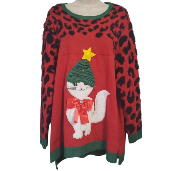 3D Kitty Cat Ugly Christmas Sweater Women's 2X Tree Hat Rhinestones Animal Print - Picture 1 of 10